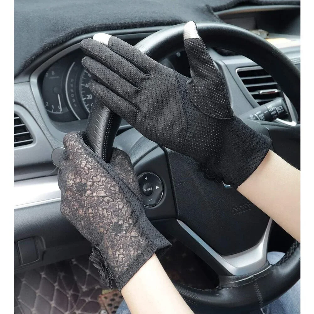 Women's Flower Black Floral Embroider Lace Gloves Summer Sun Protection